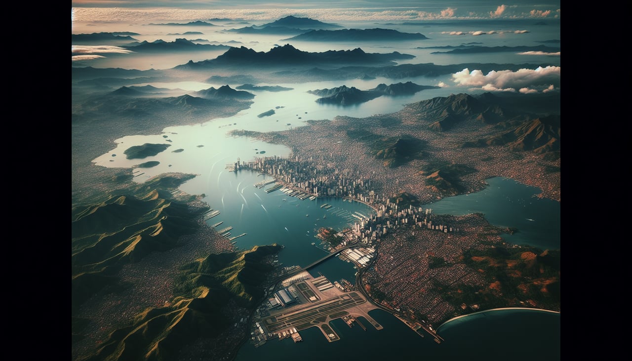 Right window seat view during landing at Ujung Pandang (UPG), Makassar Strait coastline, Makassar city skyline near Losari waterfront, small islands like Samalona and Kayangan, Tanjung Bunga peninsula