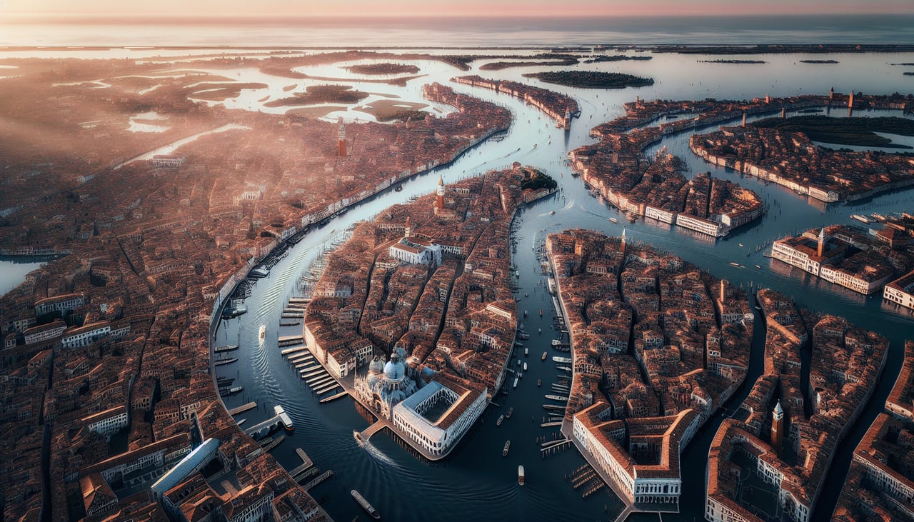 Aerial window seat view during landing at Venice (left side) — Venetian Lagoon with its characteristic shallow turquoise water, Barrier islands (Lido and Pellestrina), Adriatic Sea, mainland marshes and salt ponds