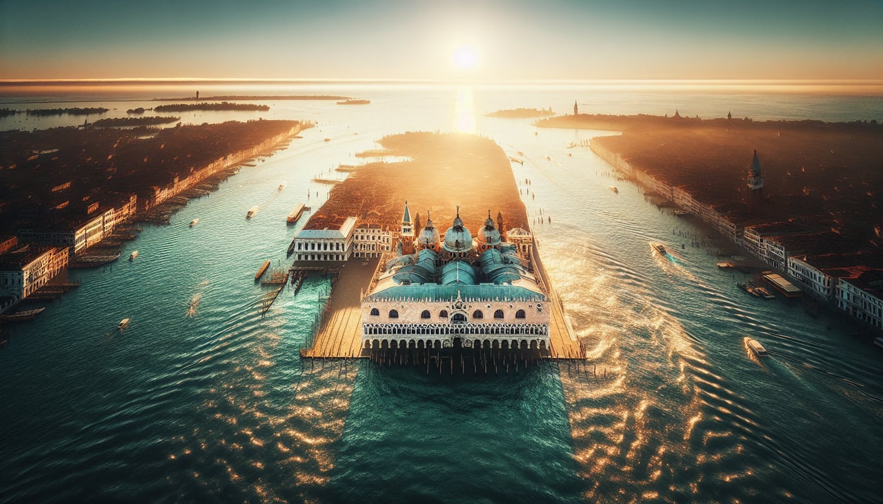 Aerial window seat view during takeoff from Venice (left side) — Venice historic island city, Venetian Lagoon, Lido barrier island, Porto Marghera industrial port