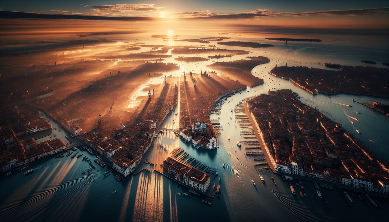Right window seat view during takeoff from Venice (VCE) — Venetian Lagoon (shallow turquoise waters with visible channels), Lido barrier island (long sandy strip southeast of departure path), Murano and Burano islands (small developed islands visible in lagoon to the left), mainland Veneto plains (flat agricultural terrain to the right/northeast)