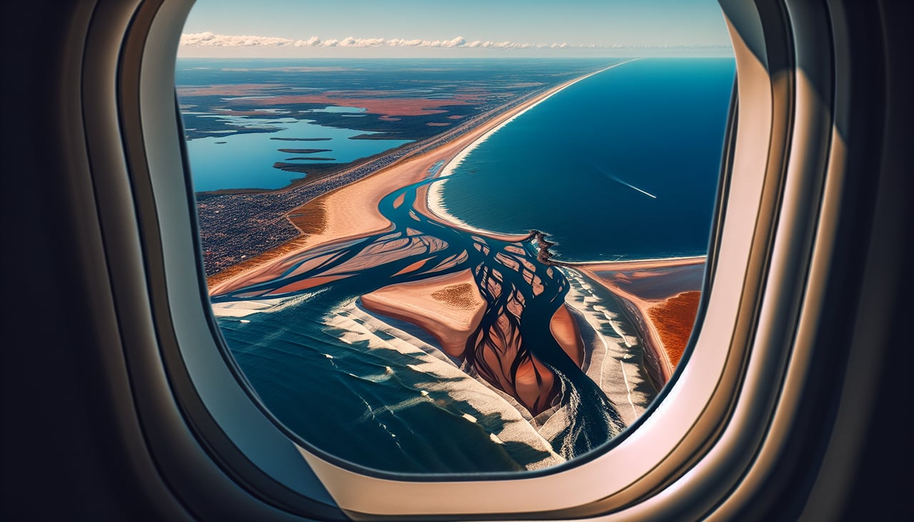 Left window seat view during landing at Viedma (VDM), Río Negro (wide braided river channel), Viedma town settlement along the north bank, flat Patagonian steppe extending inland, occasional irrigation channels and agricultural plots near the river valley