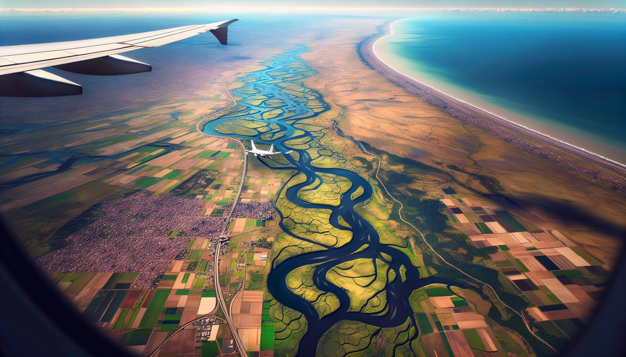Right window seat view during takeoff from Viedma (VDM) — Río Negro (meandering through valley below), Patagonian steppe grasslands, distant Sierra de Viedma to the southeast, Atlantic coastal plains extending eastward