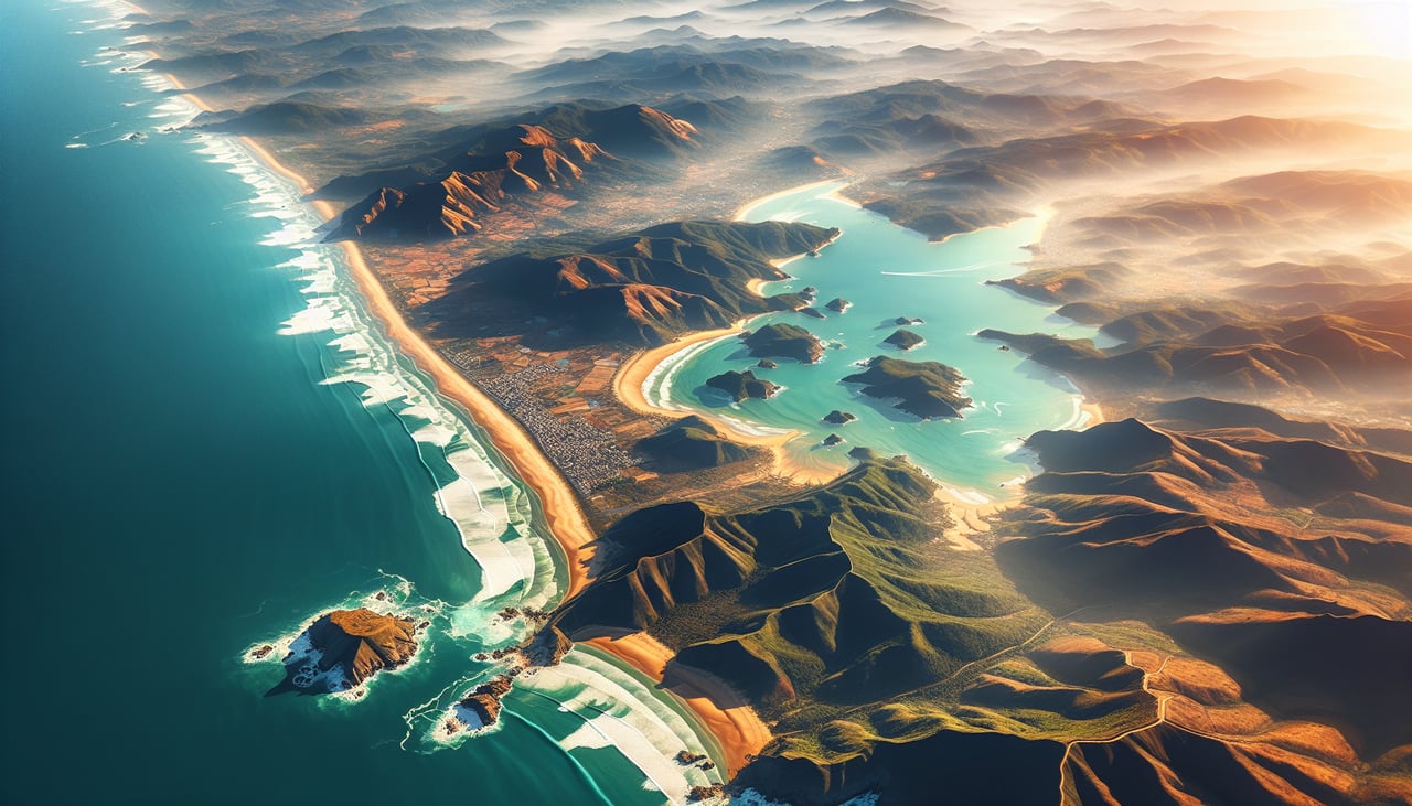 Aerial window seat view during landing at Visakhapatnam (right side) — Bay of Bengal coastline, Visakhapatnam harbor and naval base, Eastern Ghats foothills, Dolphin's Nose headland