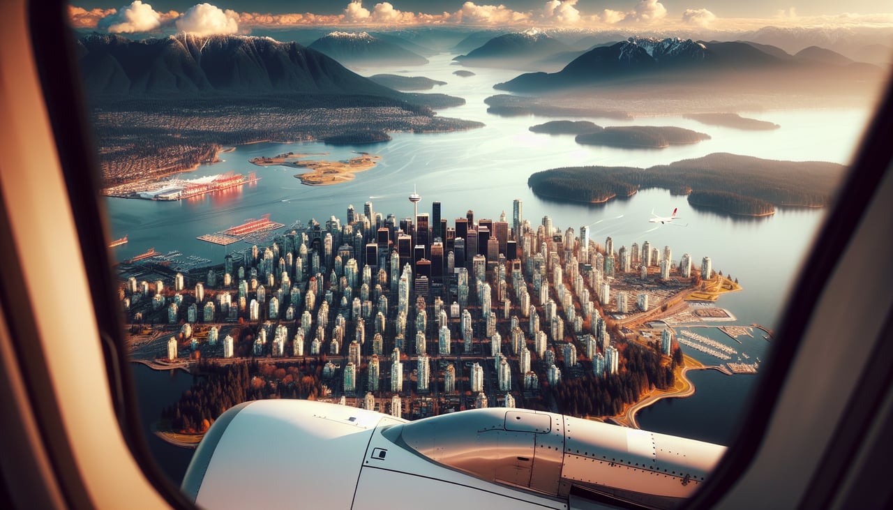 Aerial window seat view during landing at Vancouver (right side) — Coast Mountains (Grouse, Seymour, Cypress), Burrard Inlet, downtown Vancouver skyline, Fraser River delta