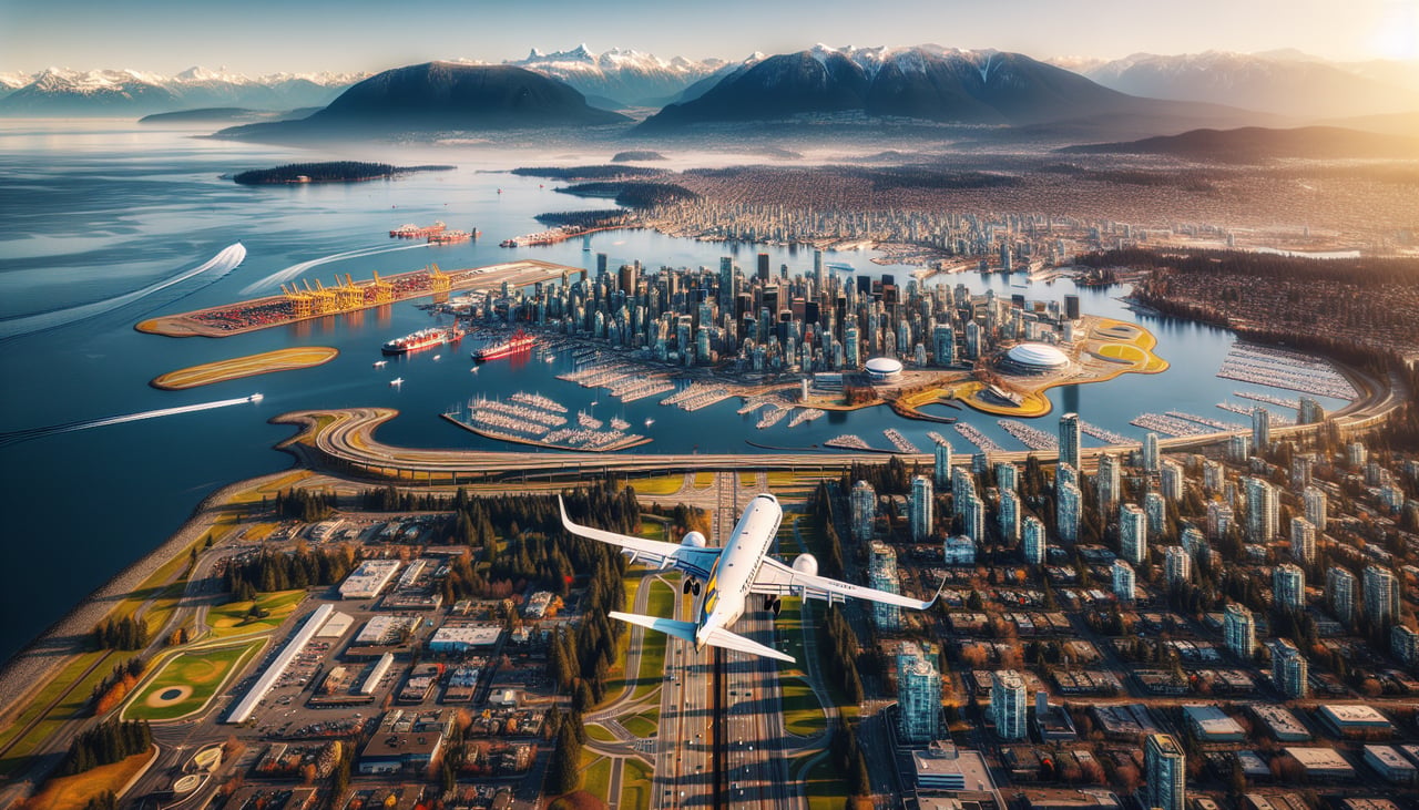 Aerial window seat view during takeoff from Vancouver (right side) — North Shore Mountains (Grouse, Seymour, Cypress peaks), Strait of Georgia, Bowen Island, Vancouver city grid