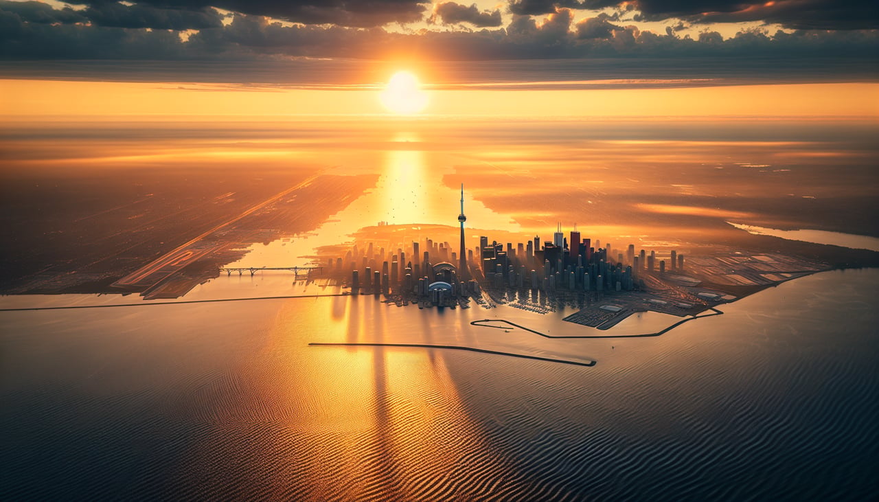 Aerial window seat view during landing at Toronto (right side) — CN Tower, downtown Toronto skyline, Lake Ontario shoreline, Toronto Islands
