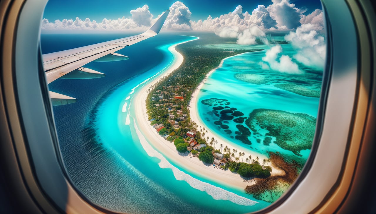Right window seat view during takeoff from Zanzibar (ZNZ) — Zanzibar Island eastern shoreline, shallow turquoise lagoons and coral reefs, Pemba Channel to the northeast, Indian Ocean