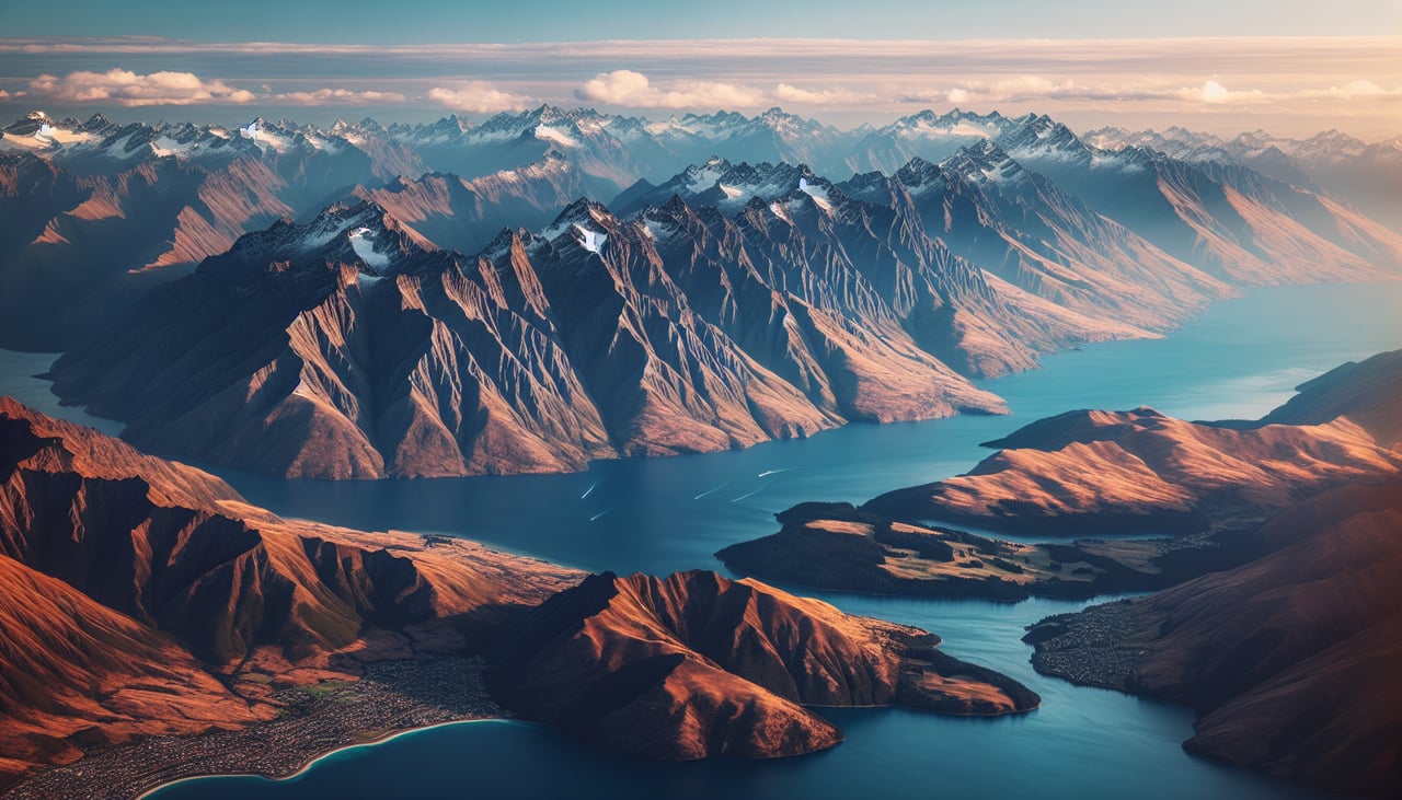 Aerial window seat view during landing at Queenstown International (left side) — Lake Wakatipu, The Remarkables, Shotover River gorge, Queenstown township on the lake shore