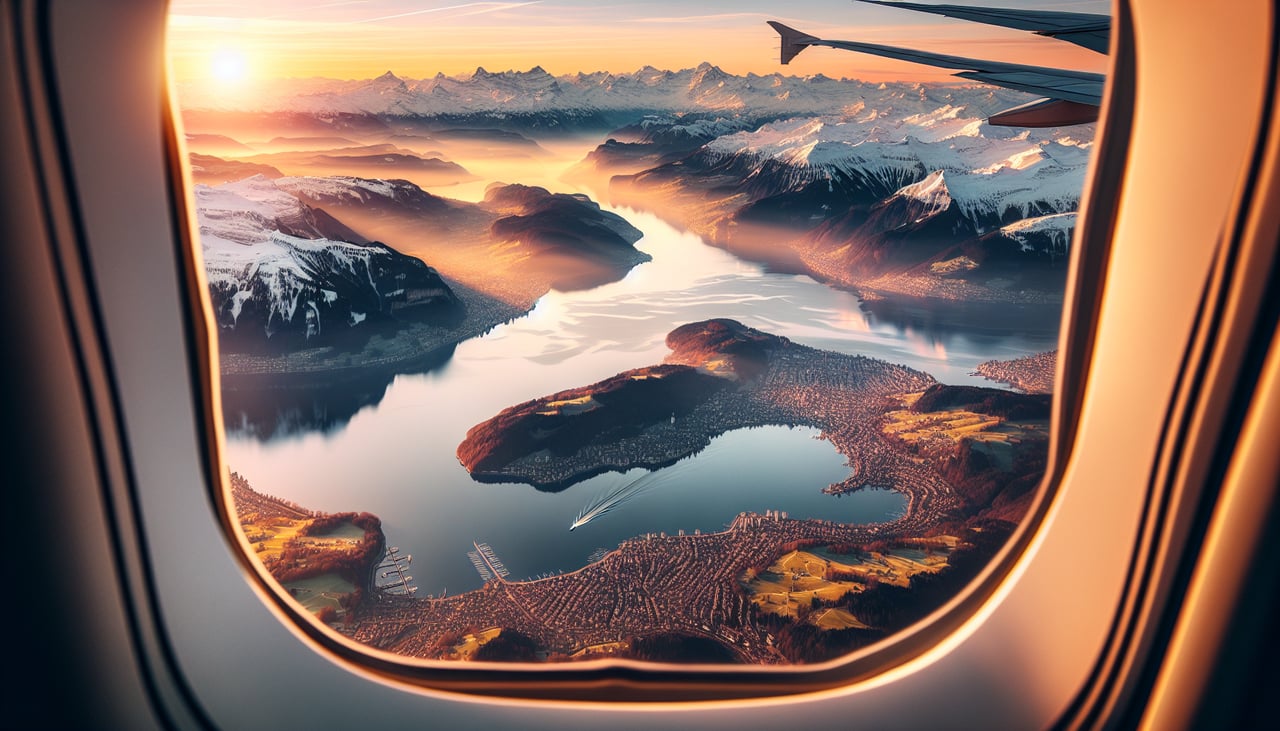 Aerial window seat view during takeoff from Zurich (right side) — Swiss Alps foothills, Lake Zurich, Lake Constance, Säntis massif