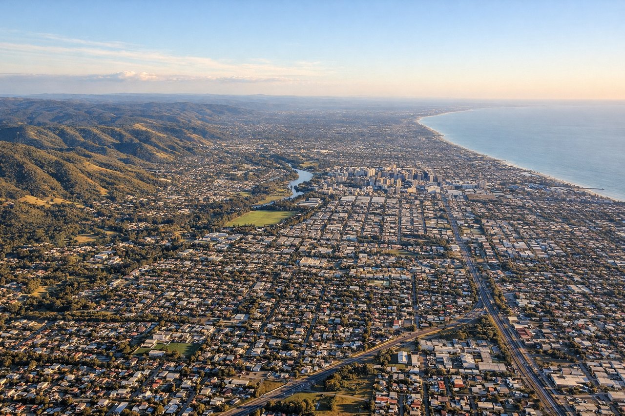 Aerial window seat view during landing at Adelaide (left side) — Gulf St Vincent (large body of water, pale blue-green), Adelaide Hills (dark forested escarpment rising inland), Adelaide city grid (geometric street pattern), Mount Lofty (highest point of the hills, visible as a rounded summit)