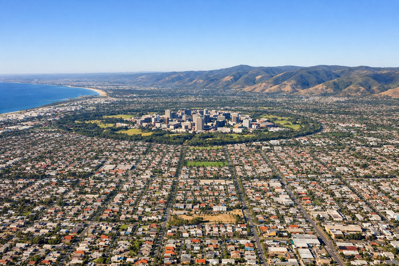 Aerial window seat view during landing at Adelaide (right side) — Gulf St Vincent and its coastline, Adelaide CBD street grid, Mount Lofty Ranges to the east, Yorke Peninsula across the gulf