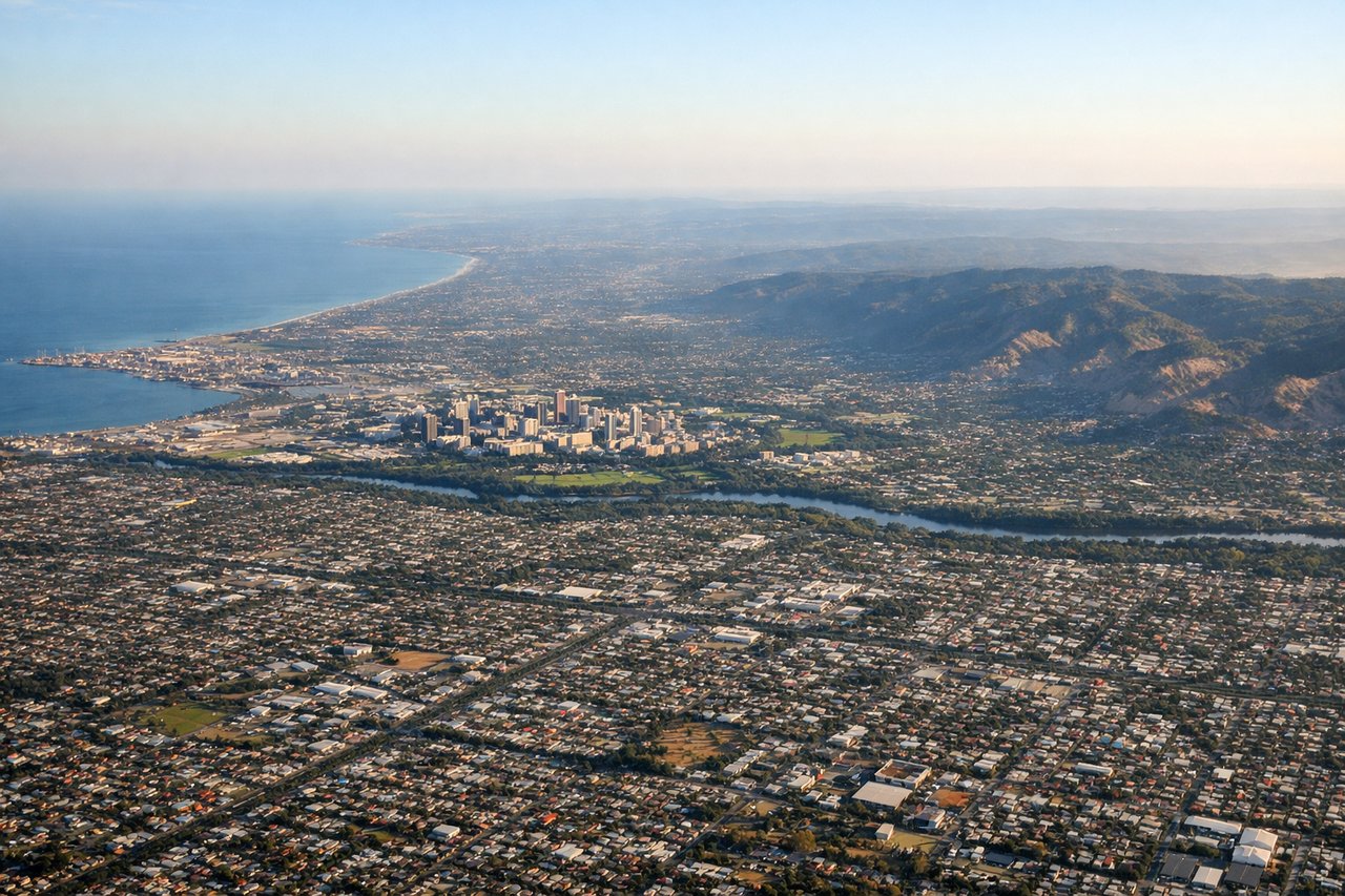 Right window seat view during takeoff from Adelaide (ADL) — Glenelg and Brighton beaches, Gulf St Vincent coastline, Fleurieu Peninsula, distant Kangaroo Island on clear days