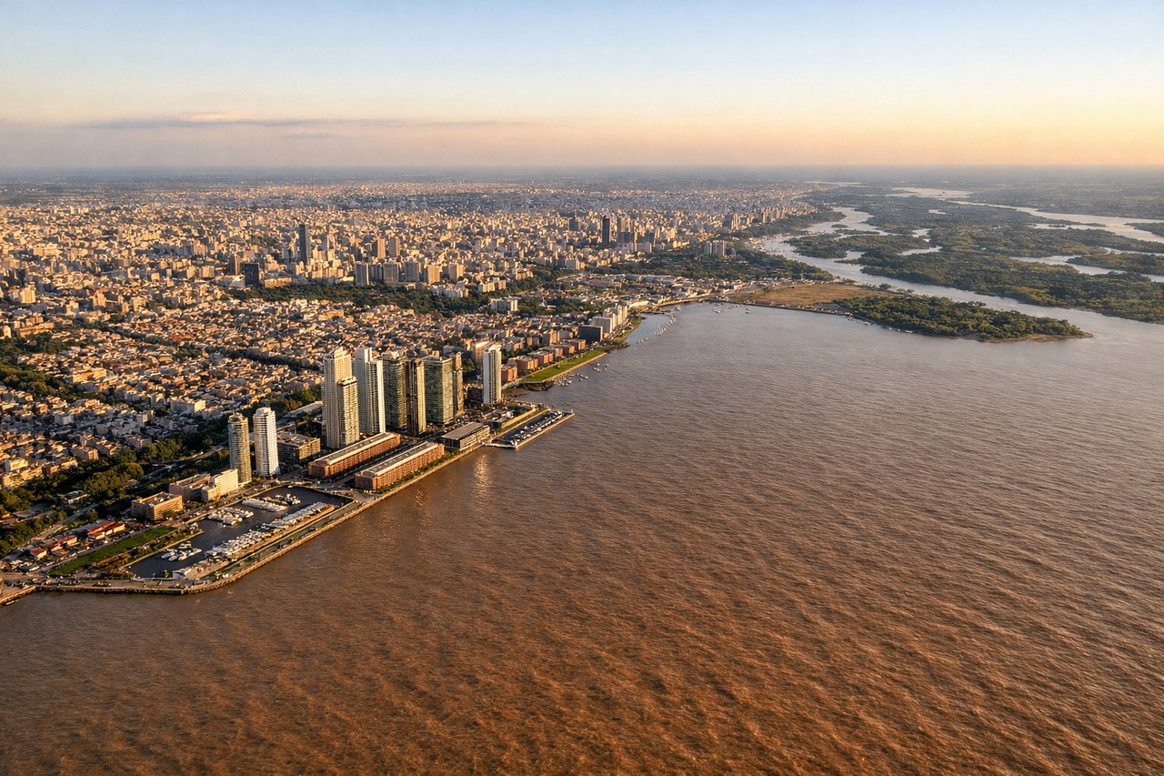 Aerial window seat view during landing at Buenos Aires (left side) — Río de la Plata, Puerto Madero skyline, Costanera Sur, Aeroparque's riverside runway