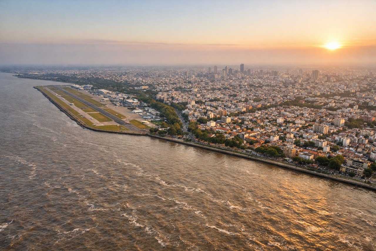 Right window seat view during landing at Buenos Aires (AEP) — Río de la Plata shoreline, Puerto Madero skyscrapers, Costanera Norte/Sur waterfront, Buenos Aires downtown skyline