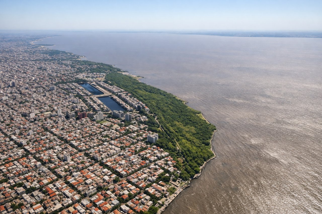 Right window seat view during takeoff from Buenos Aires (AEP) — Puerto Madero skyline, Río de la Plata coastline, Costanera Norte, distant city grid of Buenos Aires