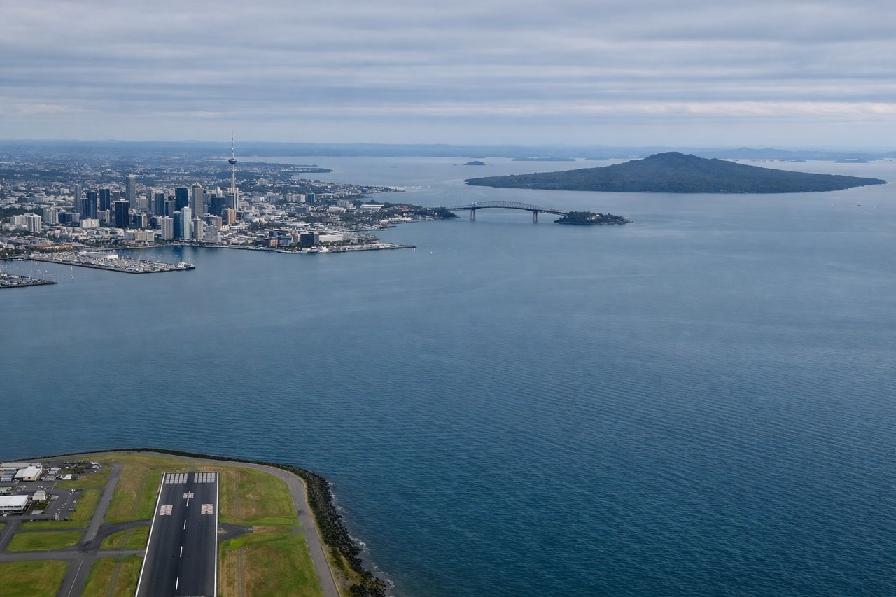 Left window seat view during landing at Auckland (AKL) — Sky Tower, Auckland Harbour Bridge, Rangitoto Island, Waitemata Harbour
