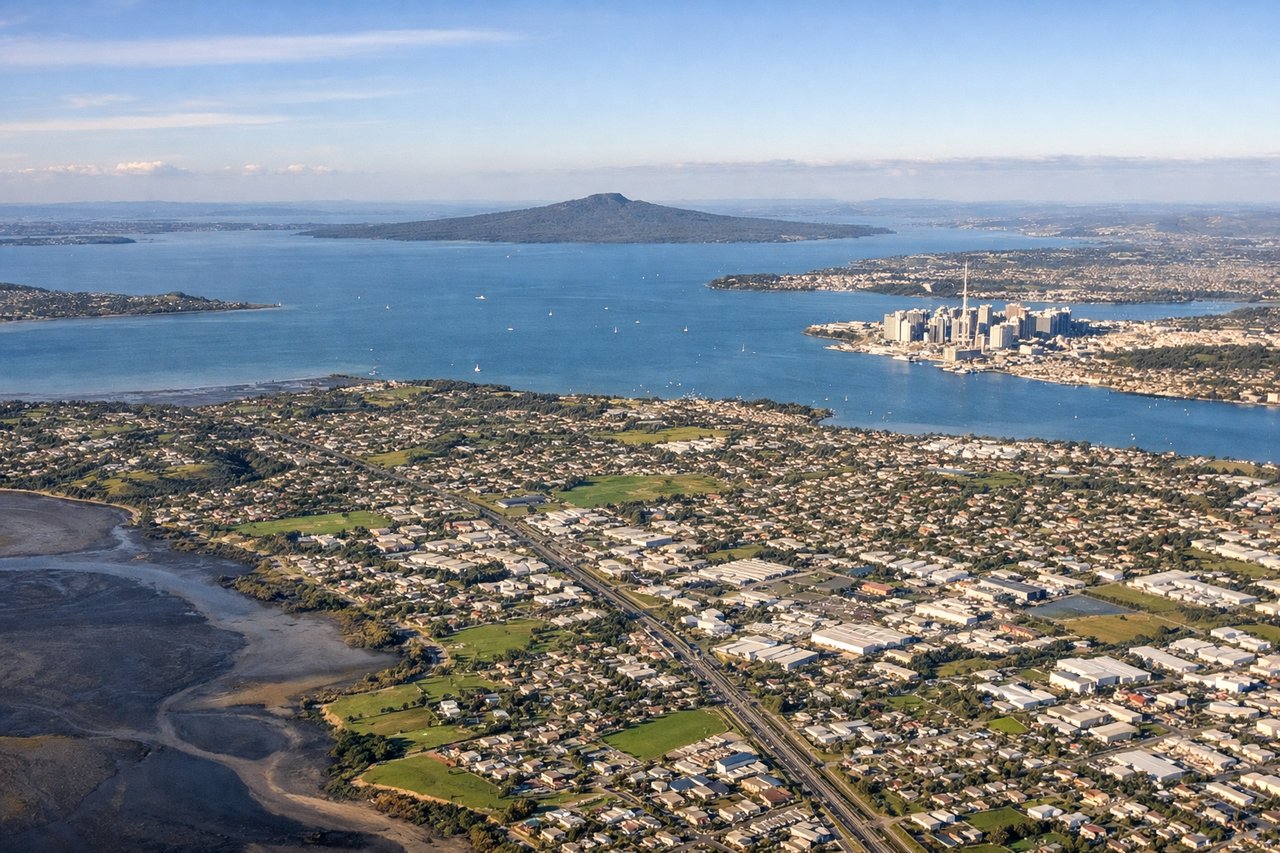 Aerial window seat view during landing at Auckland (right side) — Auckland CBD skyline (Sky Tower), Waitemata Harbour and Harbour Bridge, Rangitoto Island, North Shore coastline