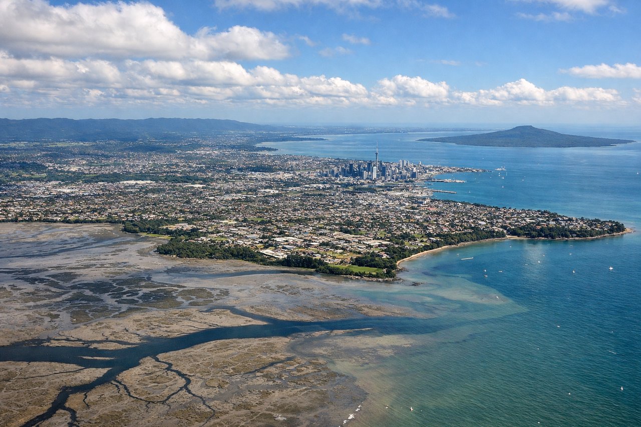 Left window seat view during takeoff from Auckland (AKL) — Manukau Harbour, Waitakere Ranges, Tasman Sea coastline, Auckland's western suburbs