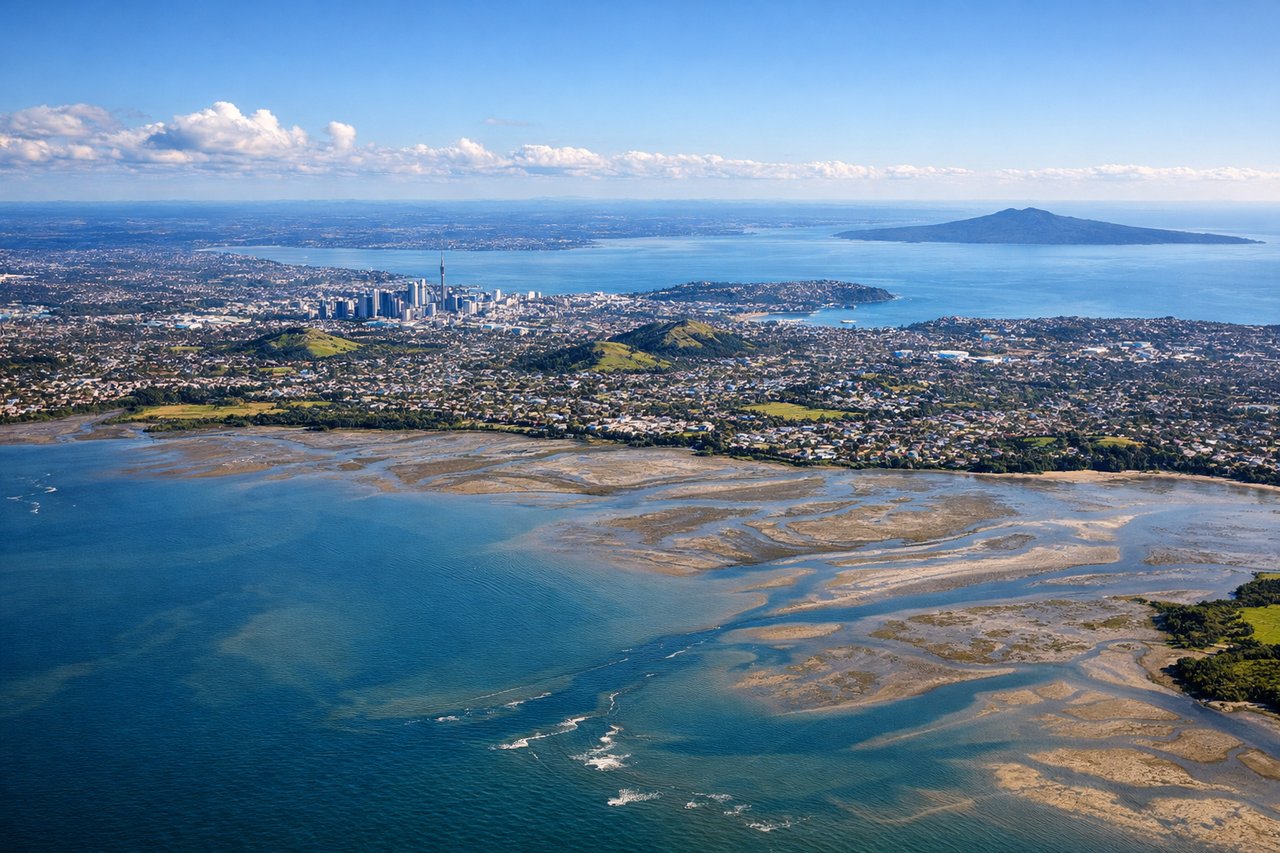 Aerial window seat view during takeoff from Auckland (right side) — Rangitoto Island, Waitemata Harbour, Auckland Sky Tower skyline, Hauraki Gulf islands
