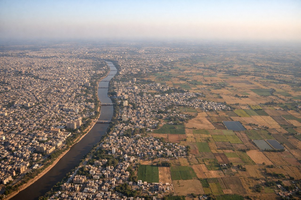 Aerial window seat view during landing at Ahmedabad (left side) — Sabarmati river, Ahmedabad city grid, distant Aravalli foothills, Sardar Sarovar canal network