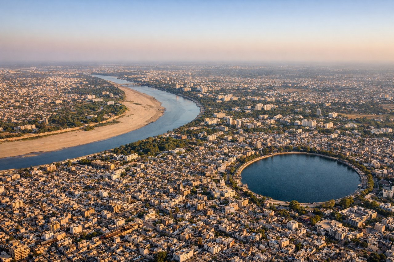 Aerial window seat view during landing at Ahmedabad (right side) — Sabarmati River winding through Ahmedabad, the old walled city of Ahmedabad, Kankaria Lake in the southeastern city, flat agricultural patchwork of Gujarat plain