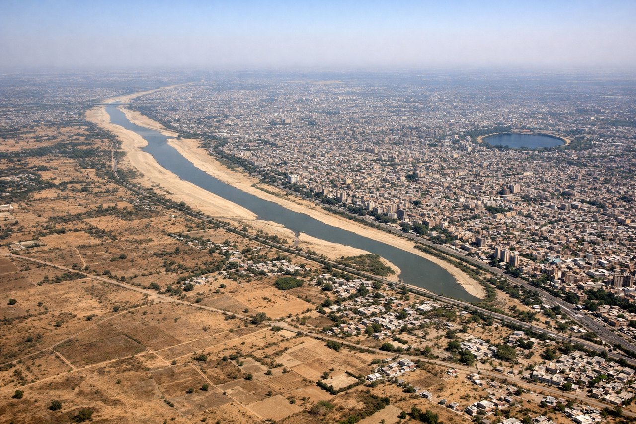 Aerial window seat view during takeoff from Ahmedabad (right side) — Sabarmati River, Ahmedabad urban grid, Thol Lake (seasonal water body northeast of the city), flat Gujarat plains extending to the horizon