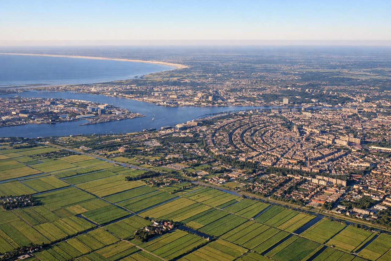 Right window seat view during takeoff from Amsterdam (AMS) — North Sea coastline and dunes, Zandvoort and Noordwijk beach towns, Haarlemmermeer polder greenhouses, IJmuiden harbor entrance further north