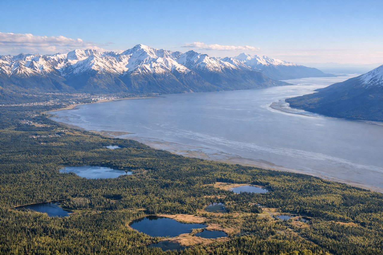 Aerial window seat view during landing at Anchorage (right side) — Chugach Mountains, Anchorage city grid, Knik Arm, Denali (visible in the distance on clear days)