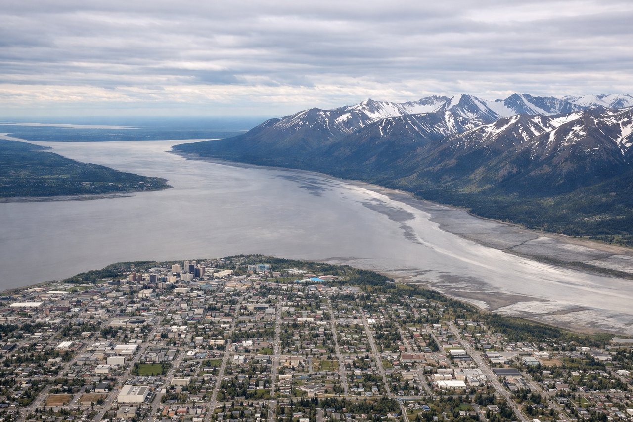 Aerial window seat view during takeoff from Anchorage (left side) — Chugach Mountains, Turnagain Arm (Cook Inlet), Anchorage city grid, Knik Arm