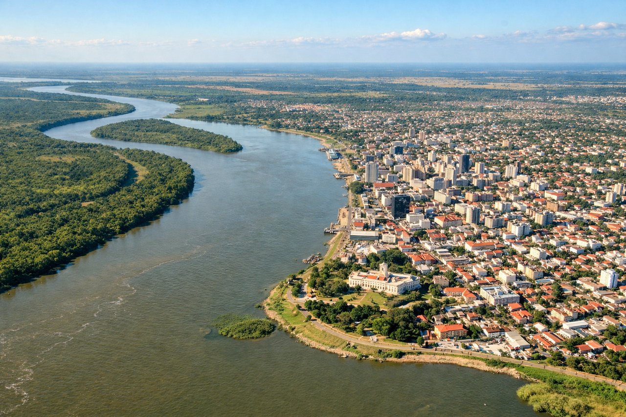 Left window seat view during landing at Asuncion (ASU), Paraguay River, Asuncion Bay (Bahía de Asunción), Asuncion downtown skyline, Luque suburb below
