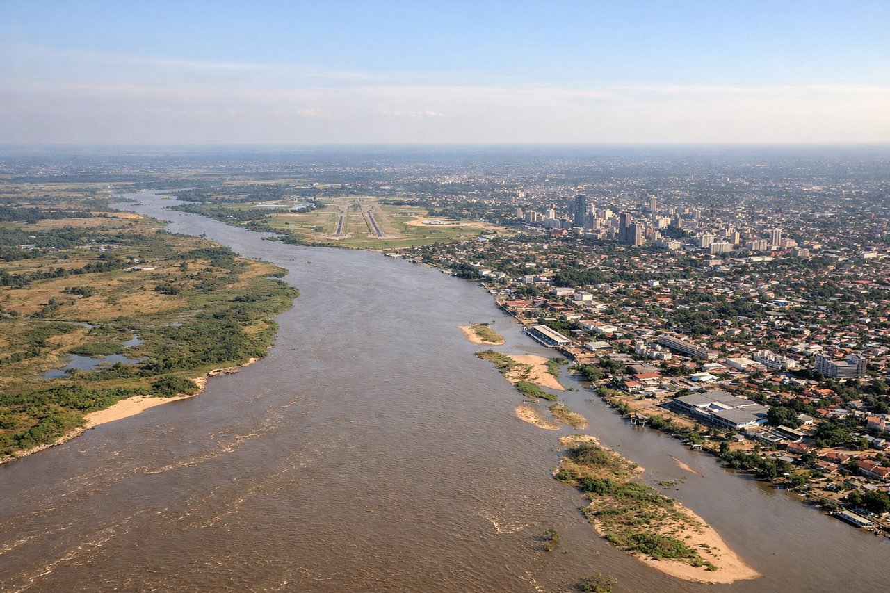 Right window seat view during landing at Asuncion (ASU), Paraguay River, Asuncion Bay (Bahía de Asunción), Asuncion downtown skyline, Luque suburb below
