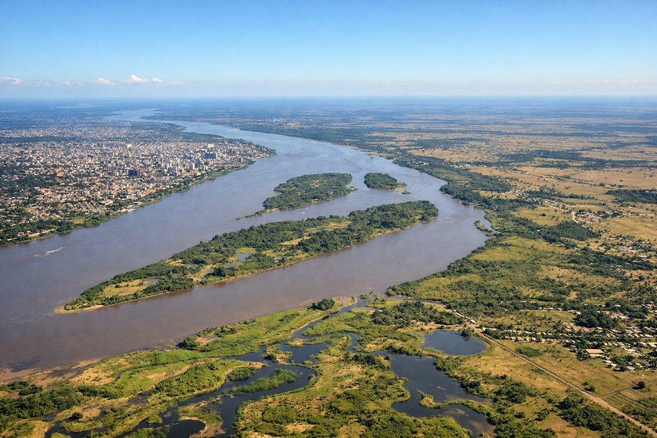 Right window seat view during takeoff from Asuncion (ASU) — Río Paraguay, Bahía de Asunción, Asunción city skyline, Chaco floodplain across the river