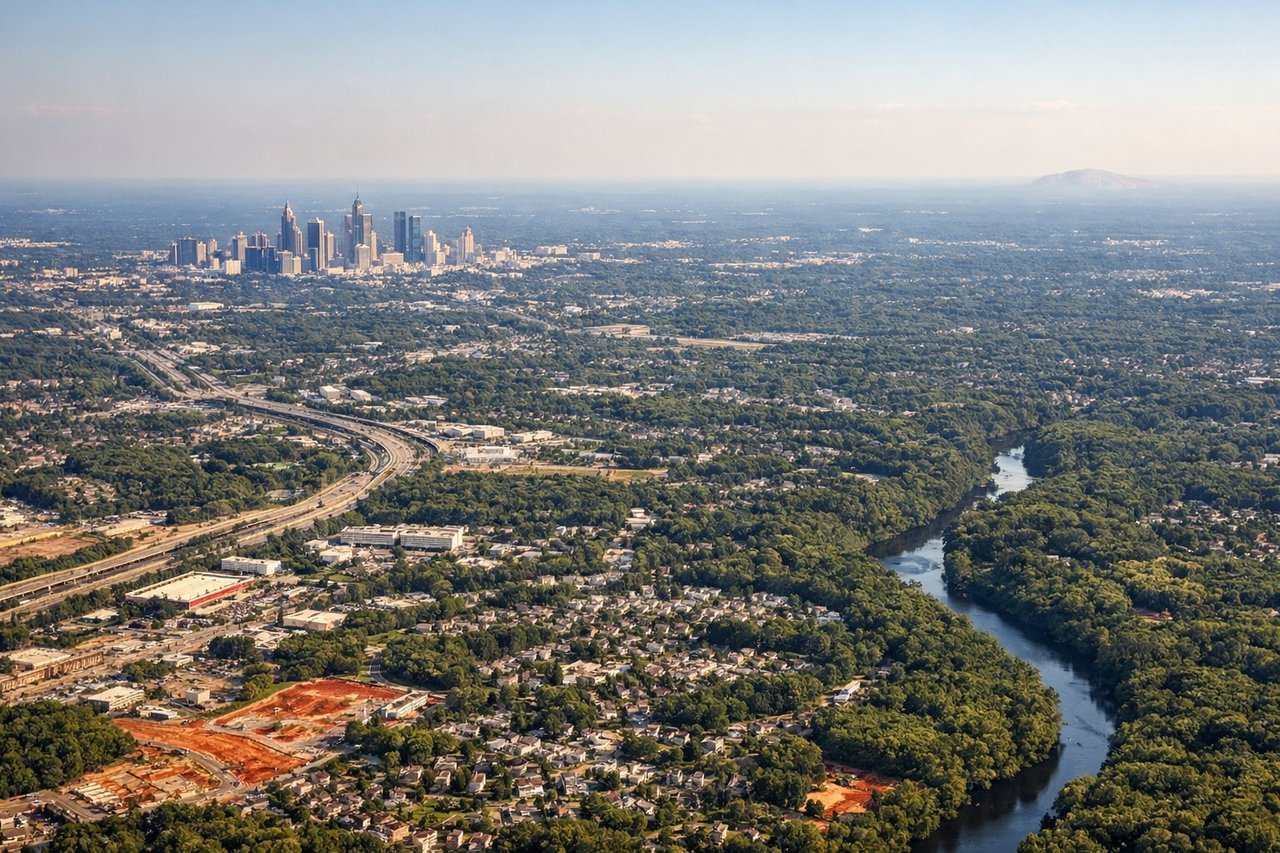 Left window seat view during landing at Atlanta (ATL) — Downtown Atlanta skyline, Atlanta's dense suburban sprawl, parallel runway complex of ATL, distant Stone Mountain on clear days