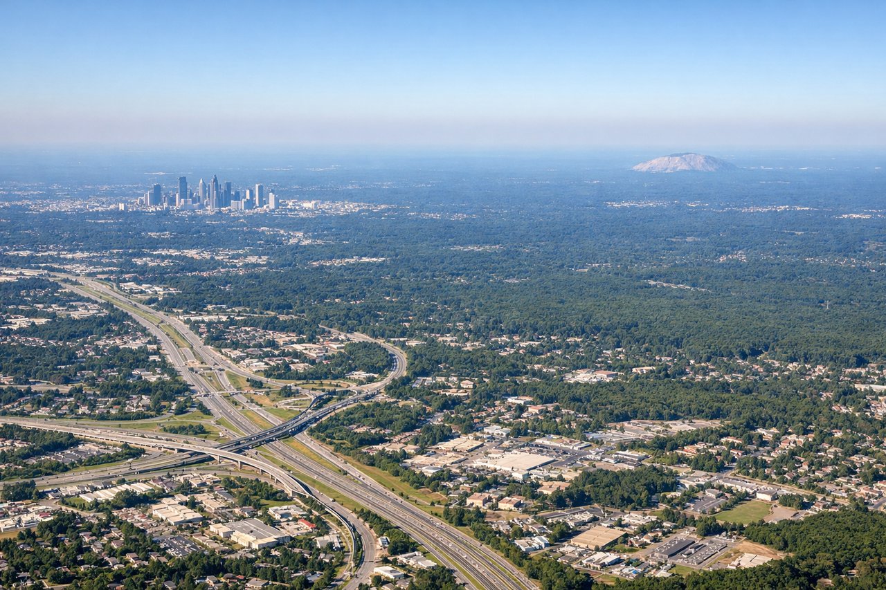 Left window seat view during takeoff from Atlanta (ATL) — Downtown Atlanta skyline, Buckhead high-rises, Georgia Dome/Mercedes-Benz Stadium area, Chattahoochee River in the distance