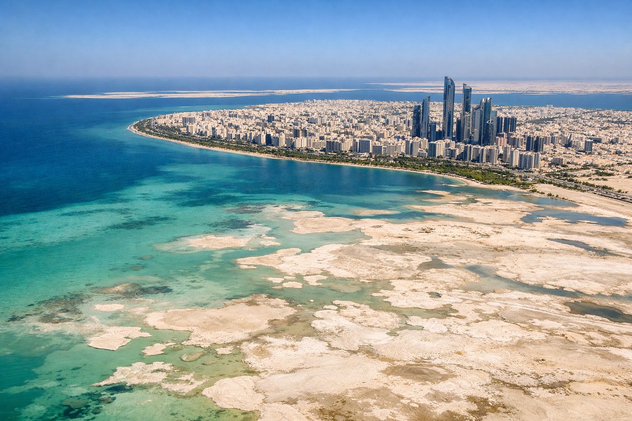 Aerial window seat view during landing at Abu Dhabi (left side) — Persian Gulf (western edge), Hajar Mountains (inland to the south), Abu Dhabi city grid and coastline, salt flats and sabkha (salt marshes) east of the city
