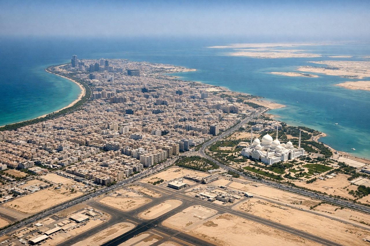 Aerial window seat view during takeoff from Abu Dhabi (left side) — Sheikh Zayed Grand Mosque, Abu Dhabi Corniche skyline, Arabian coastal desert