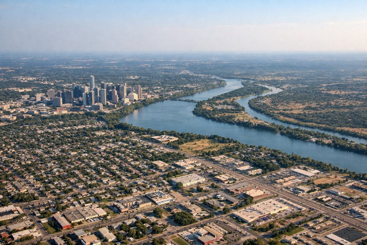 Left window seat view during landing at Austin (AUS) — Downtown Austin skyline, Lady Bird Lake, Colorado River, University of Texas tower area