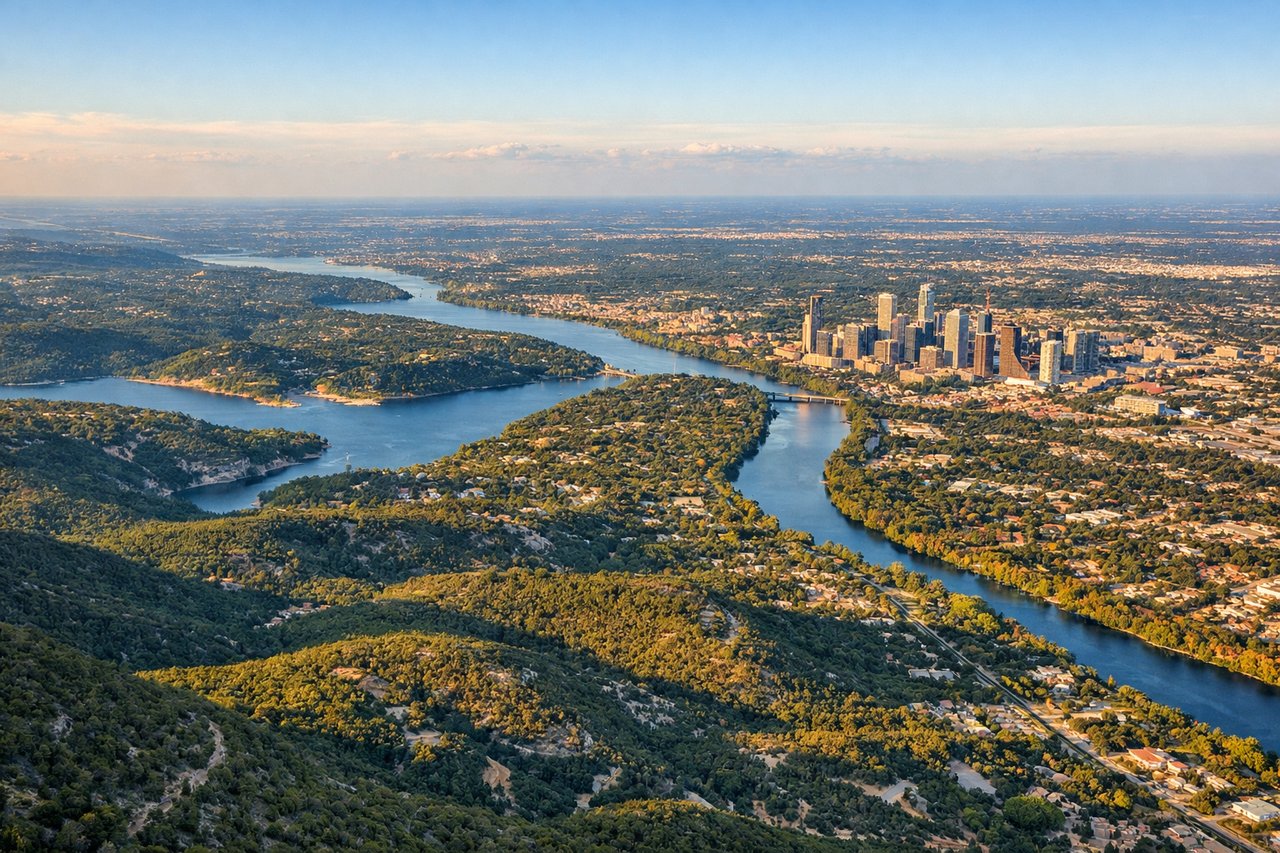 Right window seat view during landing at Austin (AUS) — Downtown Austin skyline, Lady Bird Lake, Colorado River, University of Texas tower area