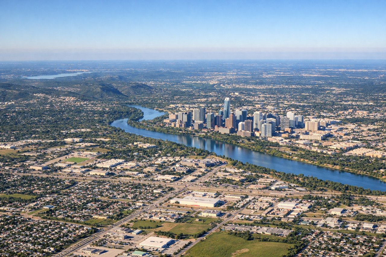 Aerial window seat view during takeoff from Austin (left side) — Downtown Austin skyline, Lady Bird Lake, Texas State Capitol dome, Hill Country foothills