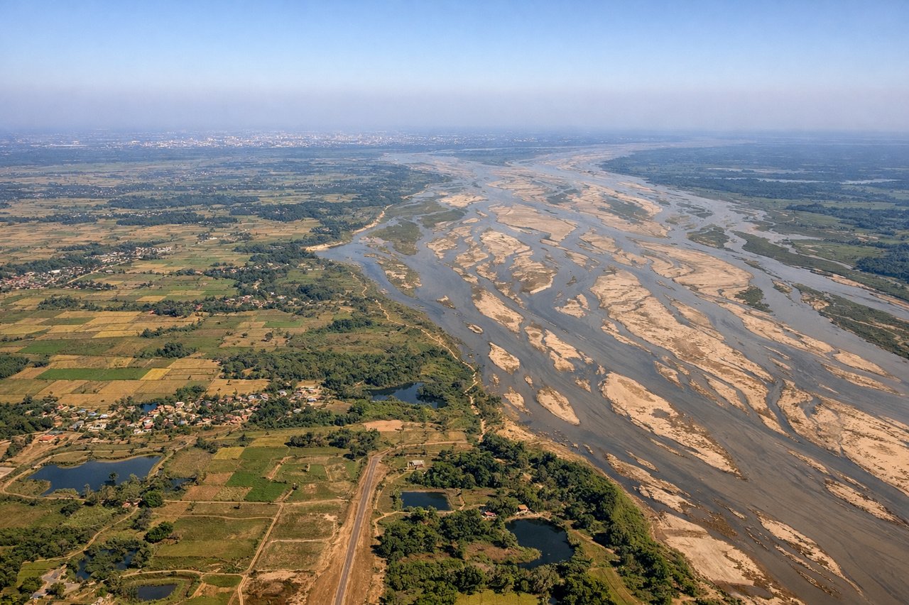Left window seat view during landing at Bhubaneswar (BBI), Chilika Lake (lagoon), Mahanadi river delta and its distributary channels, Bhubaneswar's temple-dense old city, patchwork of paddy fields on the approach path