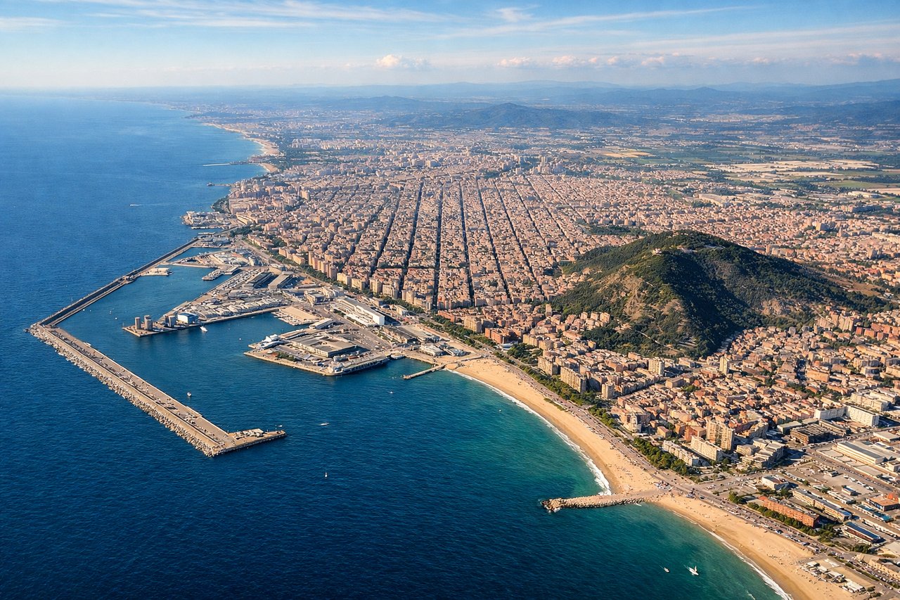 Aerial window seat view during landing at Barcelona (left side) — Barcelona skyline and port, Mediterranean coastline, Montserrat massif in the distance, Tibidabo hill