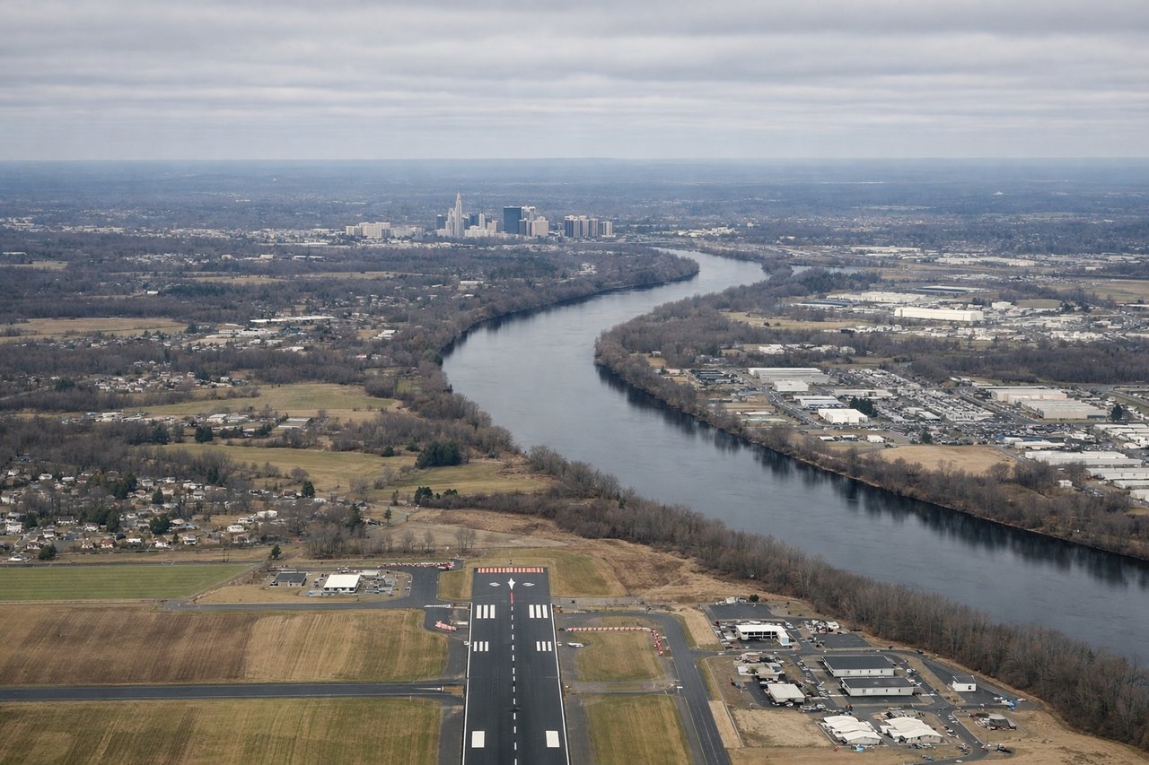 Left window seat view during landing at Windsor Locks (BDL) — Connecticut River, Hartford skyline (including the State Capitol area), Windsor Locks farmland, distant Metacomet Ridge traprock hills to the west