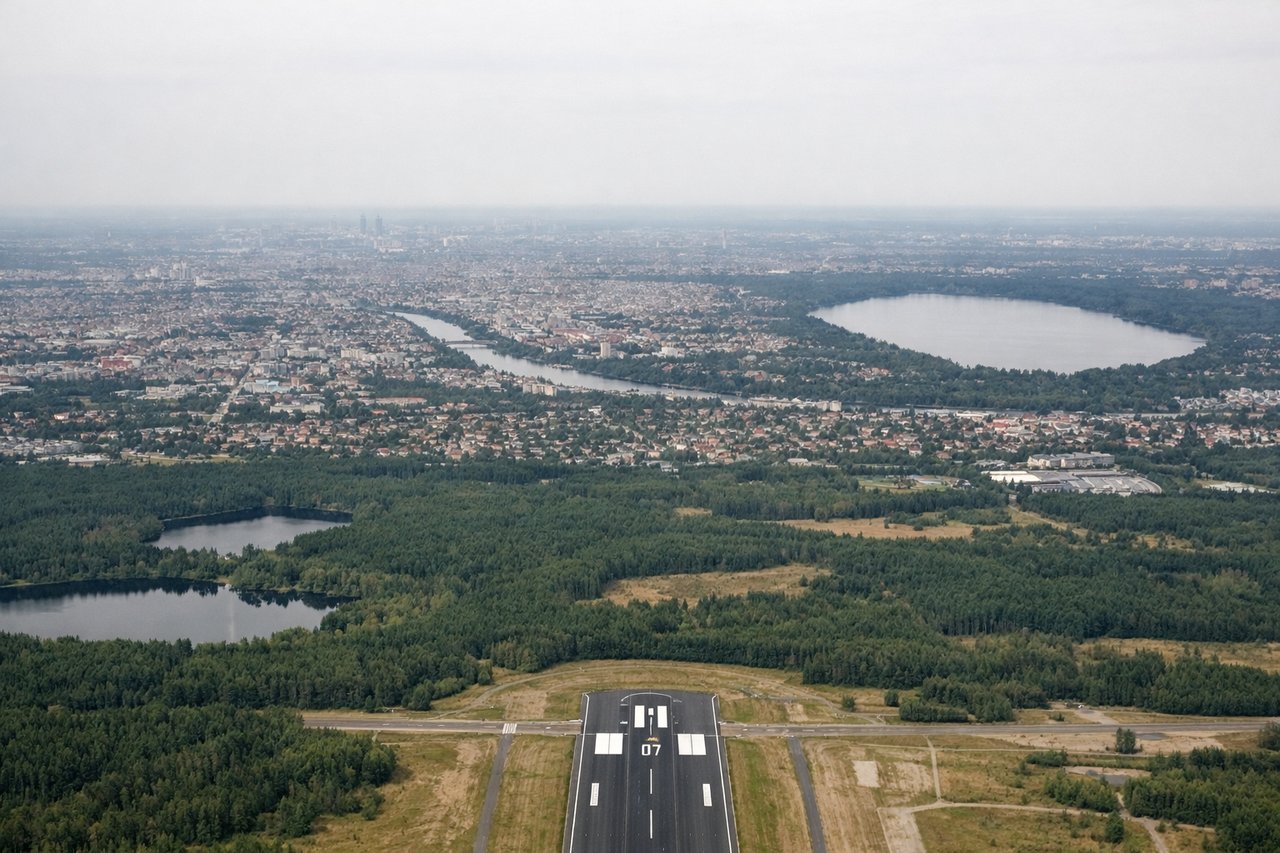 Left window seat view during landing at Berlin (BER) — Berlin TV Tower (Fernsehturm), Müggelsee lake, Spree/Dahme river network, southeastern Berlin lake district (Zeuthener See, Krossinsee)