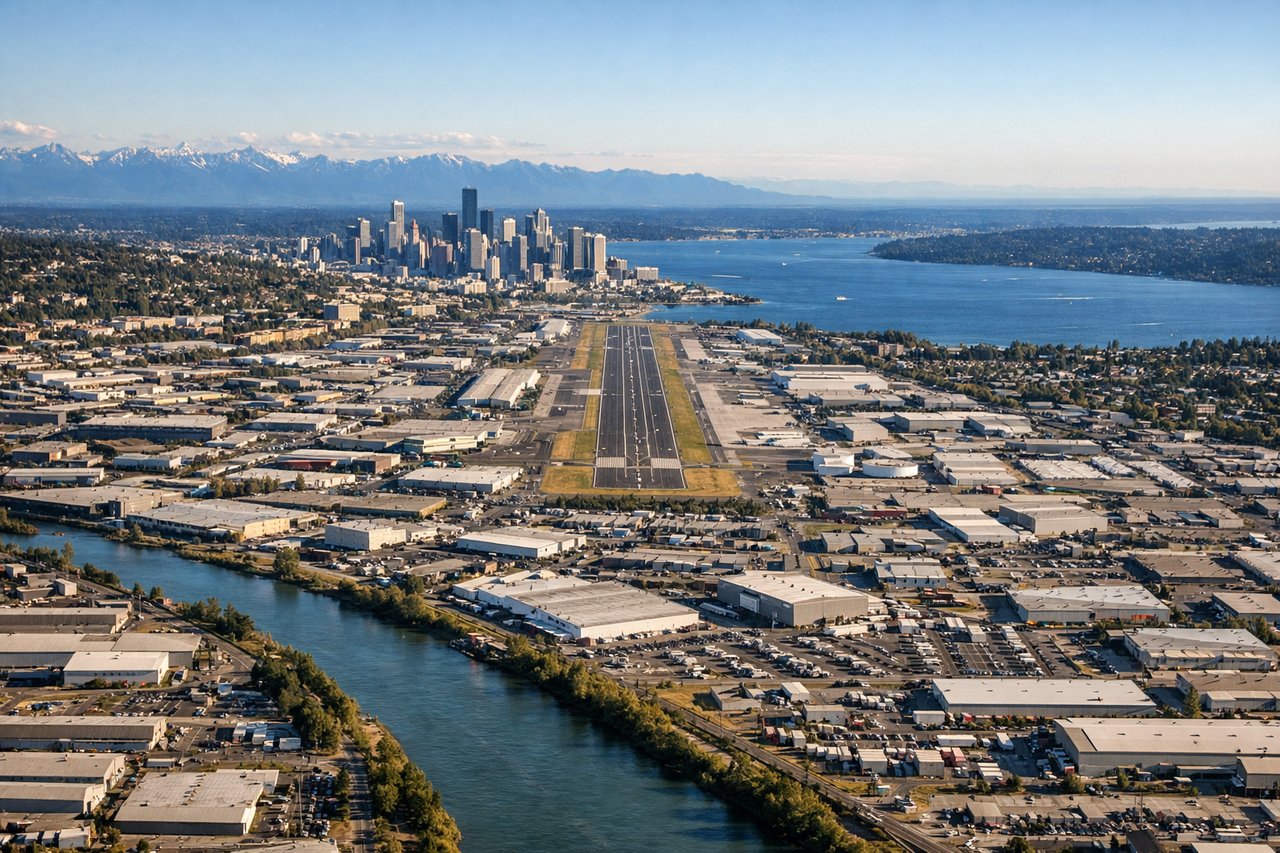 Aerial window seat view during landing at Seattle (left side) — Cascade Range (distant eastern horizon, snow-capped peaks visible on clear days), Lake Washington (large freshwater body immediately east of Seattle), Seattle downtown skyline and Space Needle (visible during final approach), Puget Sound with Elliott Bay (west and northwest)