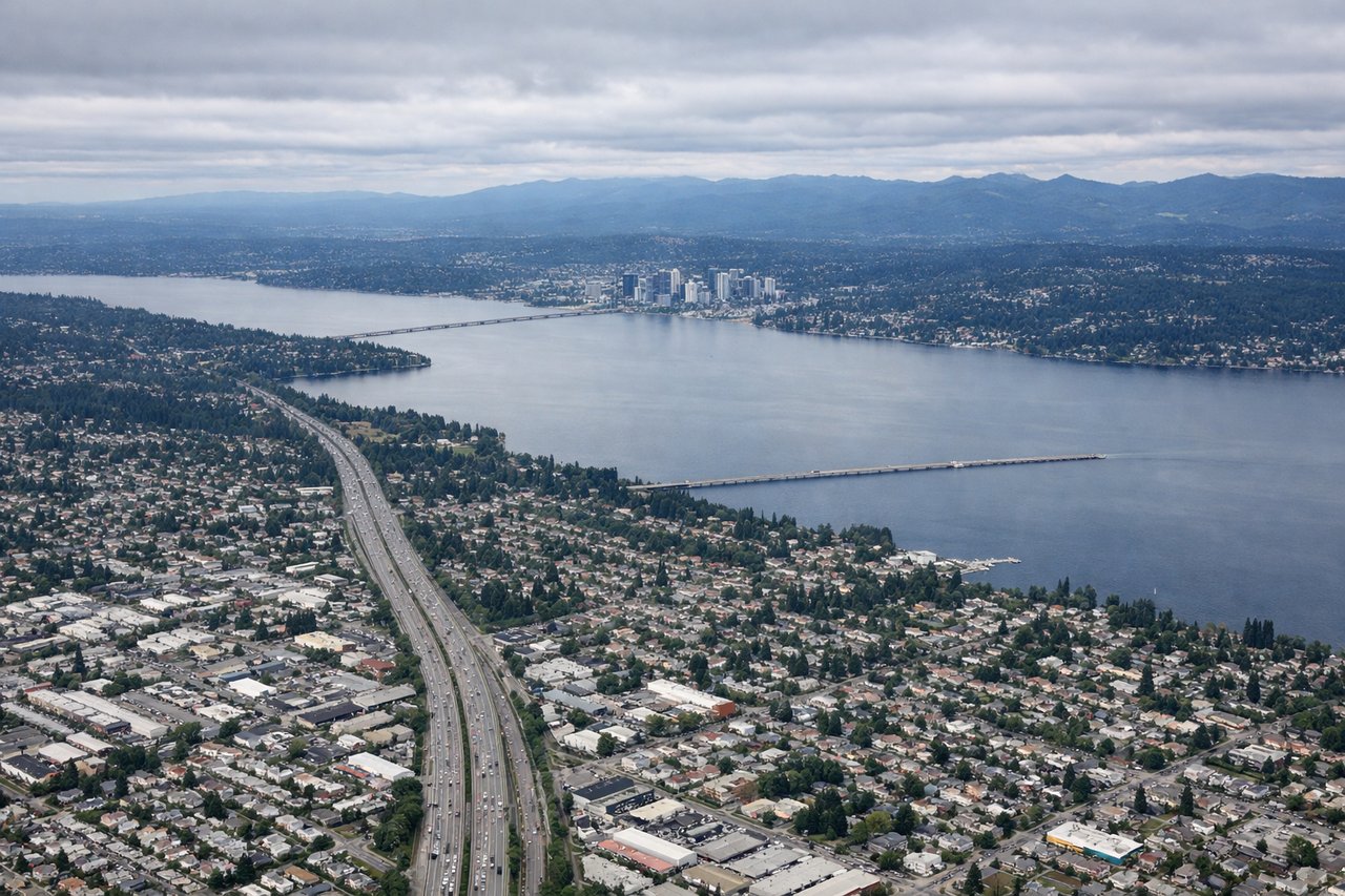 Aerial window seat view during takeoff from Seattle (left side) — Mount Rainier (14,411 ft), Cascade Range, Puget Sound, Lake Washington