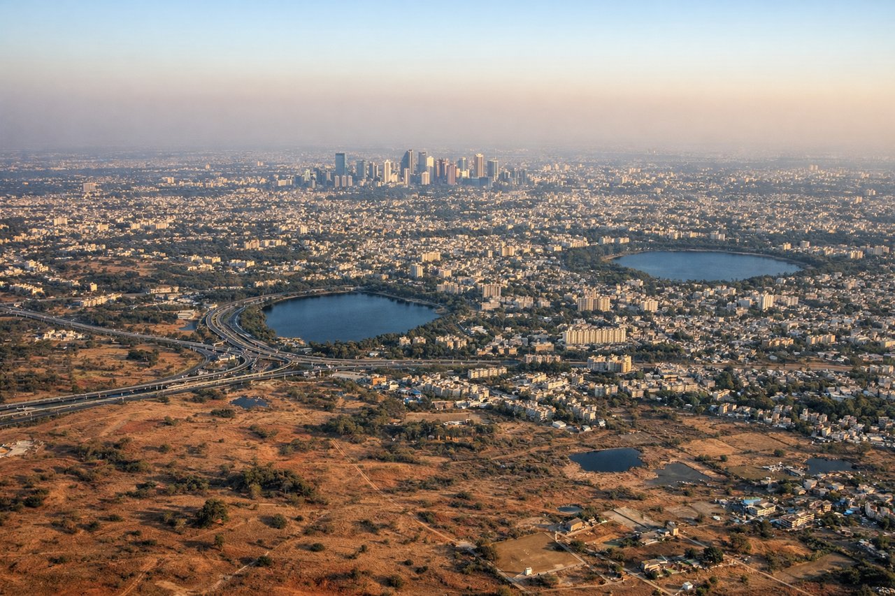 Left window seat view during landing at Bangalore (BLR) — Bangalore city sprawl and tech park clusters to the south, patchwork of rural fields and small reservoirs like Hesaraghatta Lake to the southwest, Devanahalli town near the airport perimeter