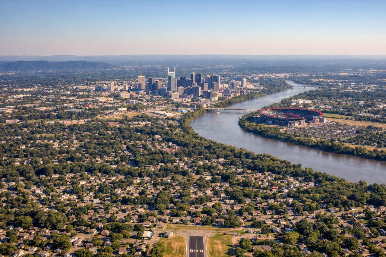 Aerial window seat view during landing at Nashville (left side) — Cumberland River with its characteristic meanders, downtown Nashville skyline (James Robertson Parkway corridor), Percy Priest Lake to the east, Tennessee rolling terrain with deciduous forest