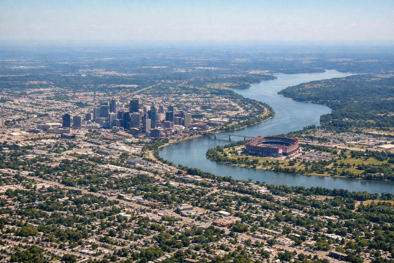 Left window seat view during takeoff from Nashville (BNA) — Downtown Nashville skyline (AT&T Building, Nissan Stadium), Cumberland River, Percy Priest Lake (briefly, further east), Vanderbilt/Belmont area rooftops