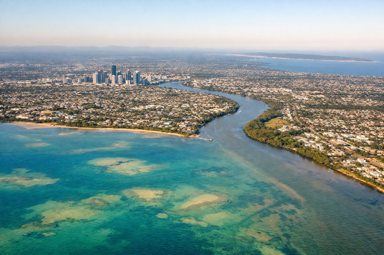 Aerial window seat view during landing at Brisbane (left side) — Brisbane River (serpentine waterway with multiple loops), South Bank Parklands (green space on river's south bank), Brisbane CBD (high-rise cluster), Moreton Bay (water body beyond the city)