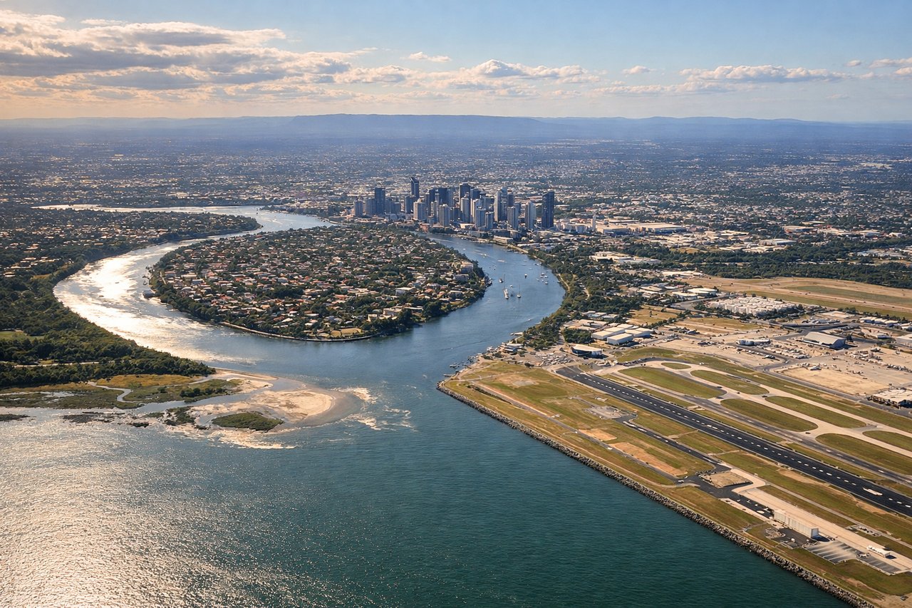 Right window seat view during landing at Brisbane (BNE) — Moreton Bay, Moreton Island, Bribie Island/Pumicestone Passage, St Helena Island